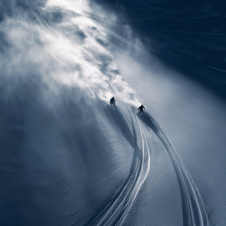 Freeride skiers carving down snowy mountain slope creating powder clouds. Freeride skiingの写真素材