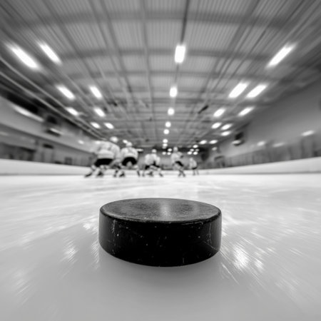 Hockey puck on ice rink with players in background. Ice hockey bannerの写真素材