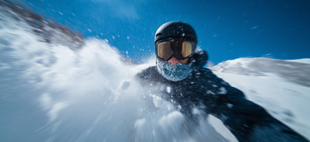 Snowboarder carving fresh powder snow on mountain slope. Snowboarding bannerの写真素材