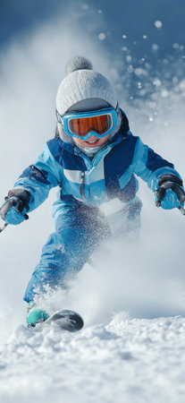 Young boy skiing down snowy slope with winter gearの写真素材