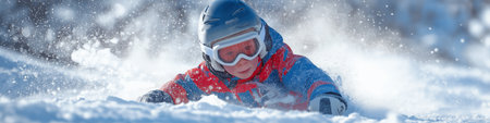 Young boy skiing down snowy slope with winter gear