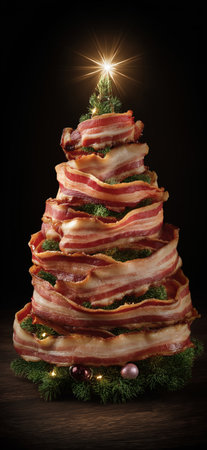 Sliced bacon Christmas tree. Men's Christmas. Christmas banner for menの写真素材