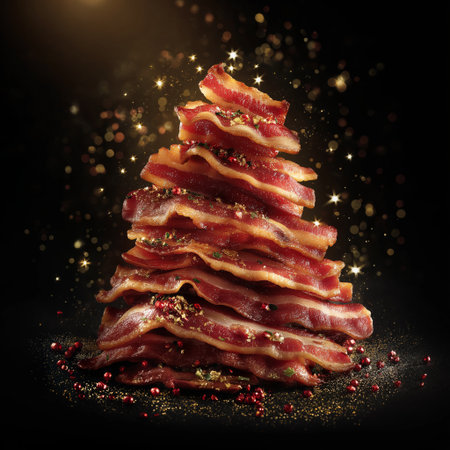Sliced bacon Christmas tree. Men's Christmas. Christmas banner for menの写真素材