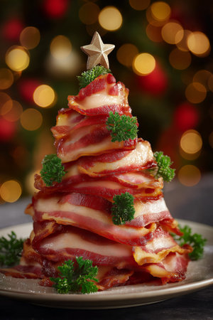 Sliced bacon Christmas tree. Men's Christmas. Christmas banner for menの写真素材