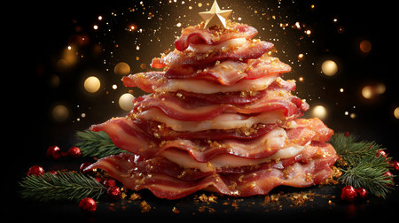 Sliced bacon Christmas tree. Men's Christmas. Christmas banner for menの写真素材