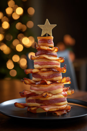Sliced bacon Christmas tree. Christmas bannerの写真素材