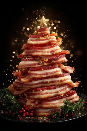 Sliced bacon Christmas tree. Men's Christmas. Christmas banner for menの写真素材