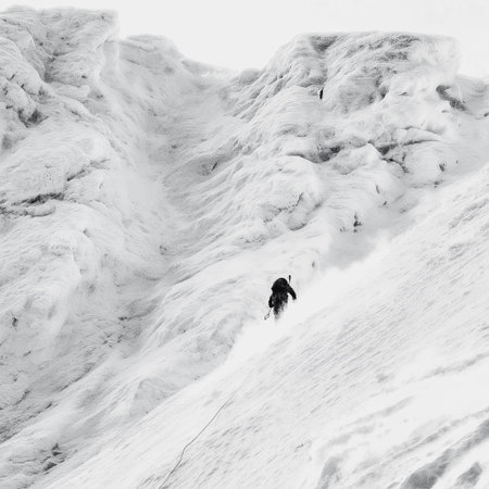 Solo mountaineer navigating a challenging snowy ridge against a foggy sky. Climber trekking icy mountain ridge through dense fogの写真素材