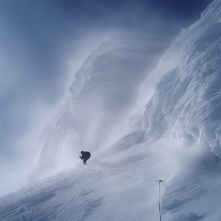 Solo mountaineer navigating a challenging snowy ridge against a foggy sky. Climber trekking icy mountain ridge through dense fogの写真素材