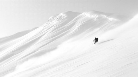Solo mountaineer navigating a challenging snowy ridge against a foggy sky. Climber trekking icy mountain ridge through dense fogの写真素材