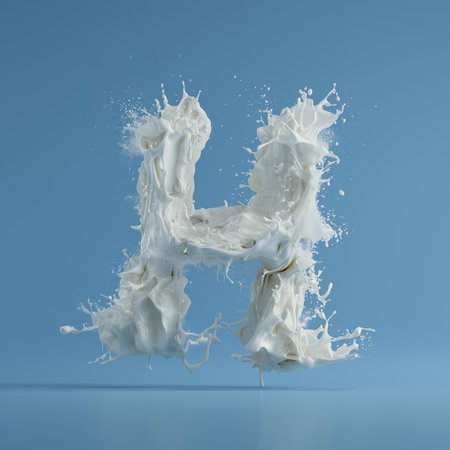 White liquid splashing, creating the letter H on a blue background. Milk splash letter Hの写真素材