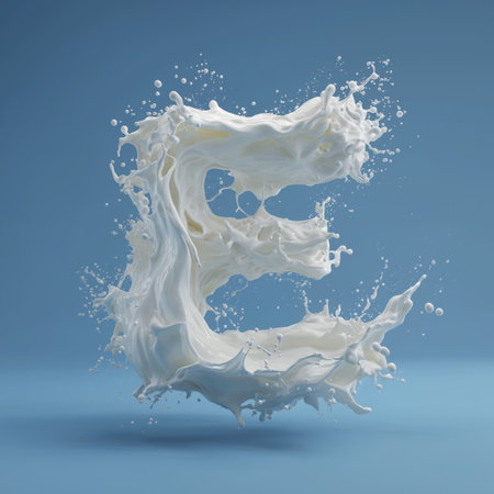 White liquid splashing, creating the letter E on a blue background. Milk splash letter Eの写真素材