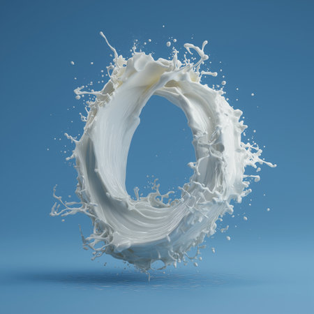 White liquid splashing, creating the letter O on a blue background. Milk splash letter Oの写真素材