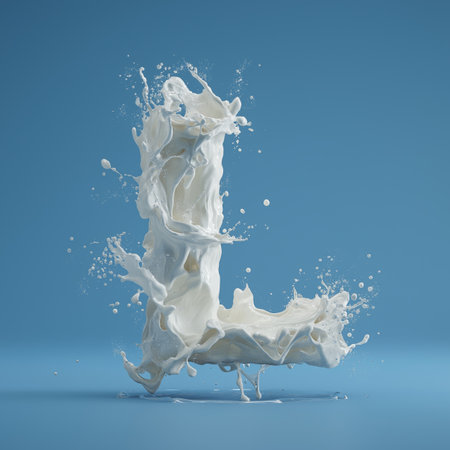 White liquid splashing, creating the letter L on a blue background. Milk splash letter Lの写真素材
