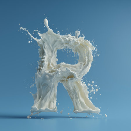 White liquid splashing, creating the letter R on a blue background. Milk splash letter Rの写真素材