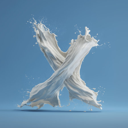 White liquid splashing, creating the letter X on a blue background. Milk splash letter Xの写真素材