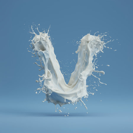 White liquid splashing, creating the letter V on a blue background. Milk splash letter Vの写真素材