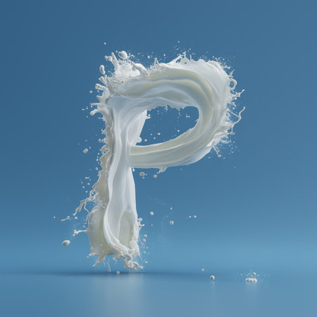 White liquid splashing, creating the letter P on a blue background. Milk splash letter Pの写真素材