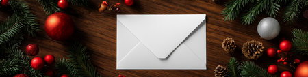 Blank white card surrounded by festive Christmas and winter holiday decorations. Blank white...
