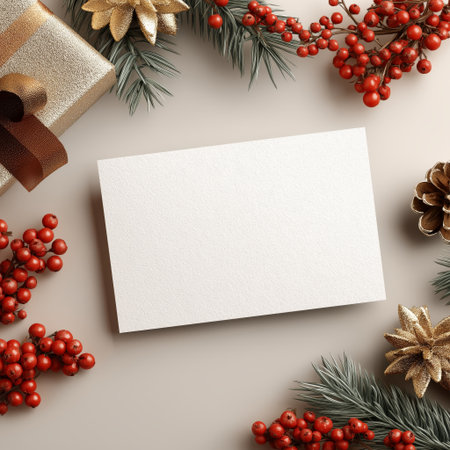 Blank white card surrounded by festive Christmas and winter holiday decorations. Blank white Christmas greeting card mockup with decorationsの写真素材