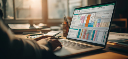Person working on financial budget spreadsheets on laptop. Person typing on laptop displaying financial spreadsheets and charts at a deskの写真素材