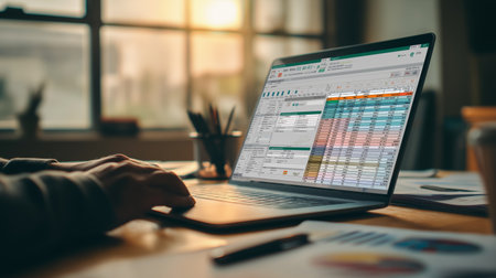 Person working on financial budget spreadsheets on laptop. Person typing on laptop displaying financial spreadsheets and charts at a deskの写真素材