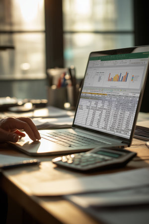 Person working on financial budget spreadsheets on laptop. Person typing on laptop displaying...