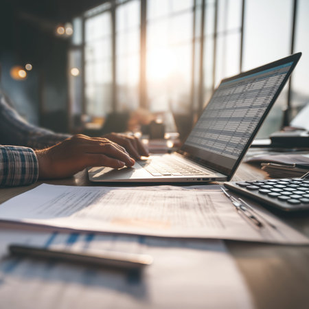 Person working on financial budget spreadsheets on laptop. Person typing on laptop displaying financial spreadsheets and charts at a deskの写真素材