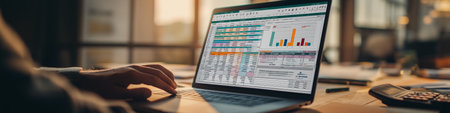 Person working on financial budget spreadsheets on laptop. Person typing on laptop displaying financial spreadsheets and charts at a deskの写真素材