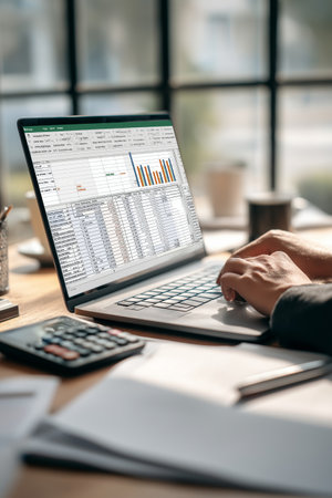 Person working on financial budget spreadsheets on laptop. Person typing on laptop displaying...