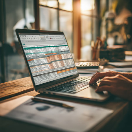 Person working on financial budget spreadsheets on laptop. Person typing on laptop displaying financial spreadsheets and charts at a deskの写真素材