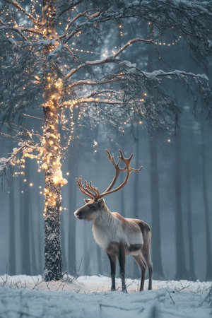 Reindeer standing in deep snow, illuminated by magical Christmas lights in a winter forest. Reindeer standing in snowy forest with magical Christmas lightsの写真素材