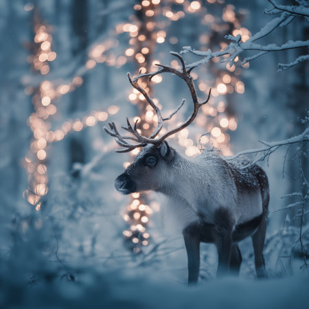 Reindeer standing in deep snow, illuminated by magical Christmas lights in a winter forest. Reindeer standing in snowy forest with magical Christmas lightsの写真素材