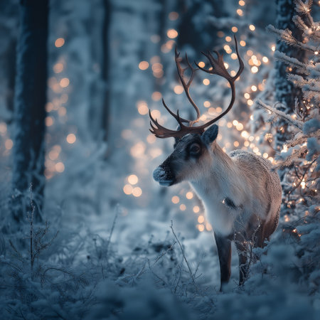 Reindeer standing in deep snow, illuminated by magical Christmas lights in a winter forest. Reindeer standing in snowy forest with magical Christmas lightsの写真素材