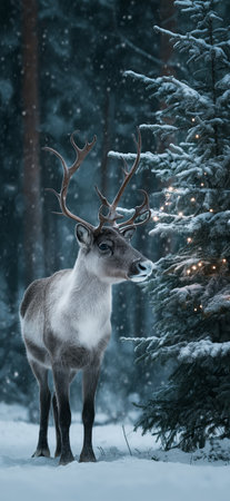 Reindeer standing in deep snow, illuminated by magical Christmas lights in a winter forest. Reindeer...