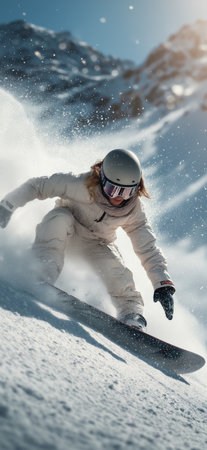 Snowboarder carving down a snowy slope, creating a cloud of fresh powder in bright sun. Snowboarder riding fresh powder on a sunny mountain dayの写真素材