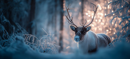 Reindeer standing in deep snow, illuminated by magical Christmas lights in a winter forest. Reindeer...