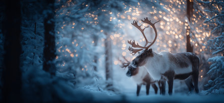 Reindeer standing in deep snow, illuminated by magical Christmas lights in a winter forest. Reindeer standing in snowy forest with magical Christmas lightsの写真素材
