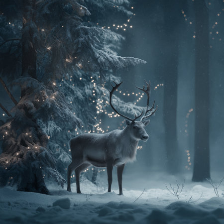 Reindeer standing in deep snow, illuminated by magical Christmas lights in a winter forest. Reindeer standing in snowy forest with magical Christmas lightsの写真素材