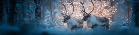 Reindeer standing in deep snow, illuminated by magical Christmas lights in a winter forest. Reindeer standing in snowy forest with magical Christmas lightsの写真素材