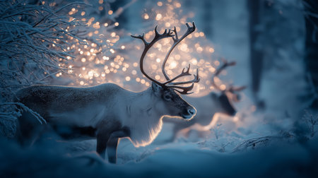 Reindeer standing in deep snow, illuminated by magical Christmas lights in a winter forest. Reindeer standing in snowy forest with magical Christmas lightsの写真素材
