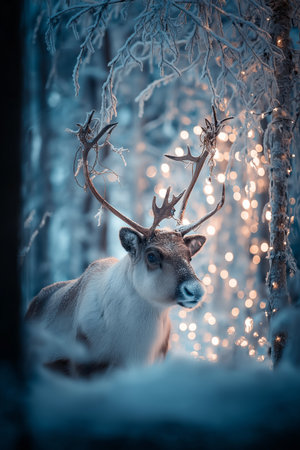 Reindeer standing in deep snow, illuminated by magical Christmas lights in a winter forest. Reindeer standing in snowy forest with magical Christmas lightsの写真素材