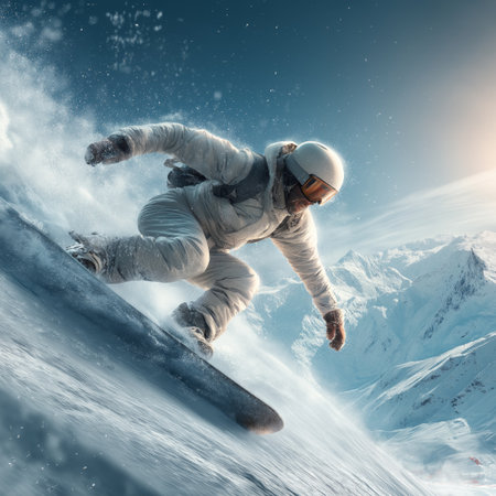 Snowboarder carving down a snowy slope, creating a cloud of fresh powder in bright sun. Snowboarder riding fresh powder on a sunny mountain dayの写真素材