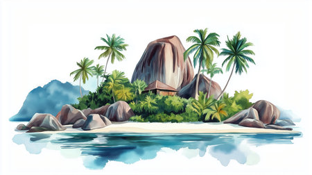 Anse Source d'Argent. Anse Source d'Argent hand drawn watercolor illustrationの写真素材