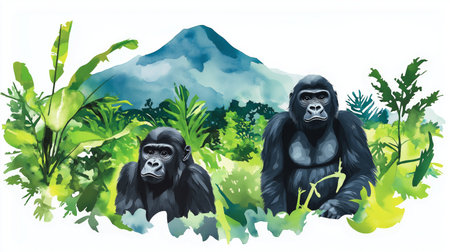 Virunga National Park. Virunga National Park hand drawn watercolor illustration