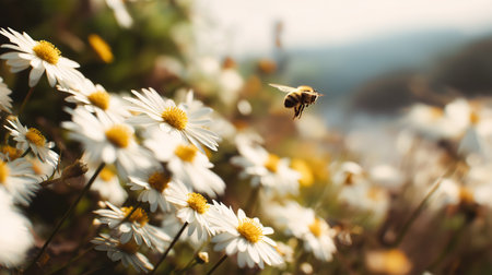 Honeybee approaching a white daisy flower, depicting pollination and a warm spring atmosphere. Bee flying towards daisy exploring spring natureの写真素材