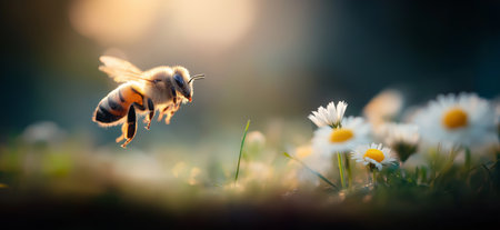 Honeybee approaching a white daisy flower, depicting pollination and a warm spring atmosphere. Bee flying towards daisy exploring spring natureの写真素材