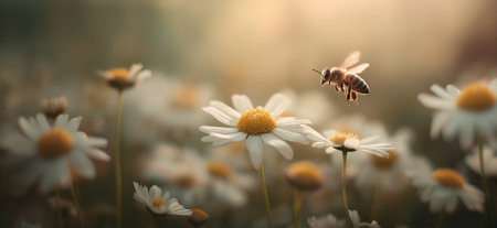 Honeybee approaching a white daisy flower, depicting pollination and a warm spring atmosphere. Bee flying towards daisy exploring spring natureの写真素材