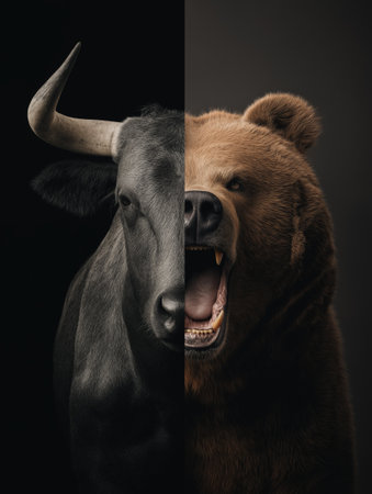 Symbolizing bull and bear financial market trends. Bull and bear representing opposing forces in the global financial market economyの写真素材