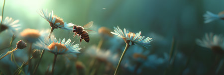 Honeybee approaching a white daisy flower, depicting pollination and a warm spring atmosphere. Bee flying towards daisy exploring spring natureの写真素材